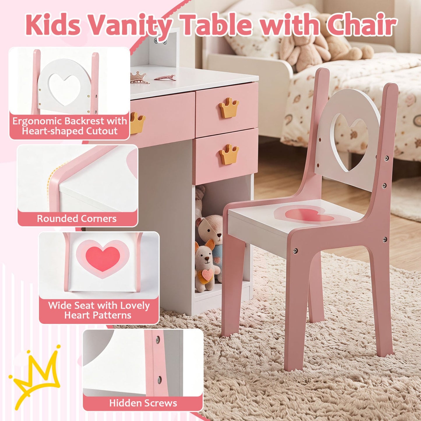 Ensemble de coiffeuse pour enfants avec miroir couronné et chaise, blanc