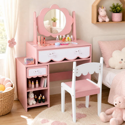 Kids Vanity Set with Rotating Mirror, Pink Chair