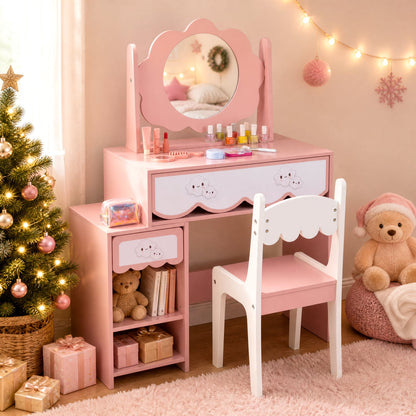 Kids Vanity Set with Rotating Mirror, Pink Chair