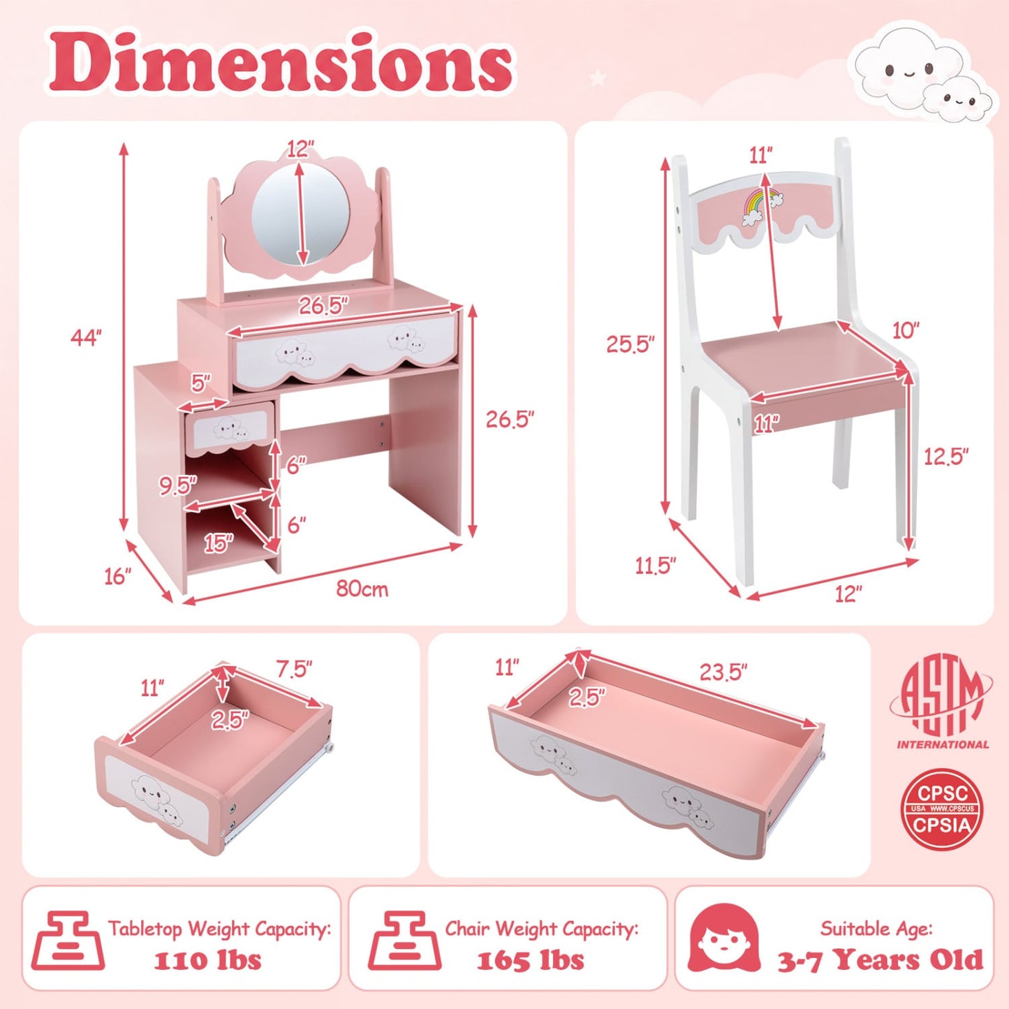 Kids Vanity Set with Rotating Mirror, Pink Chair