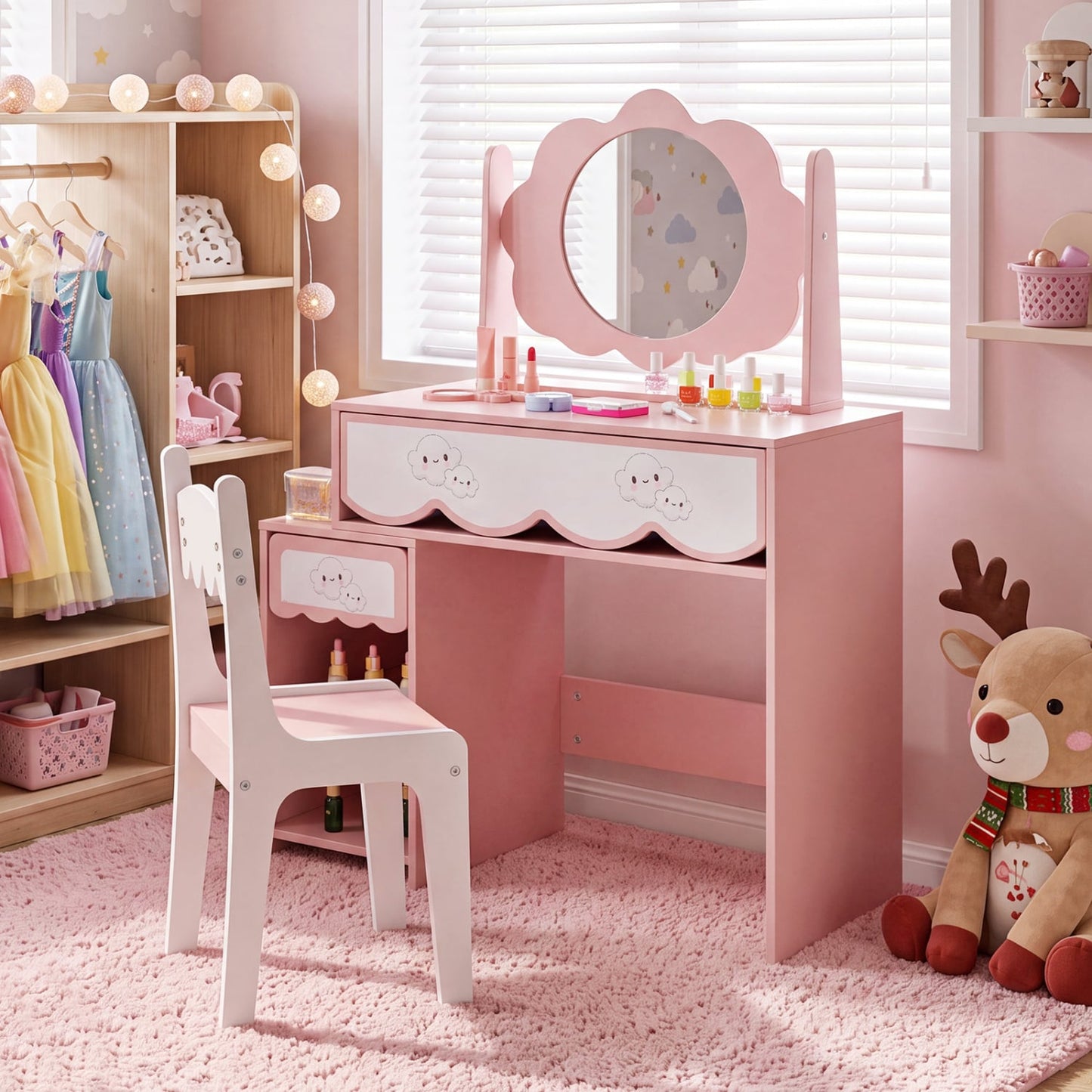 Kids Vanity Set with Rotating Mirror, Pink Chair