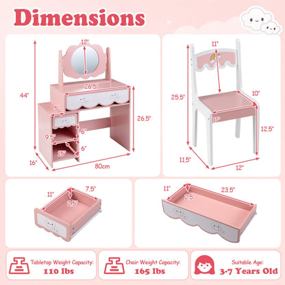 Kids Vanity Set with Rotating Mirror, Pink Chair