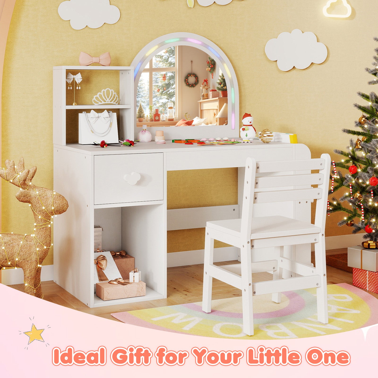 Kids Vanity Table and Chair Set with Lighted Mirror for Kids Aged 3+ Years Old, White Kids Vanities at Gallery Canada
