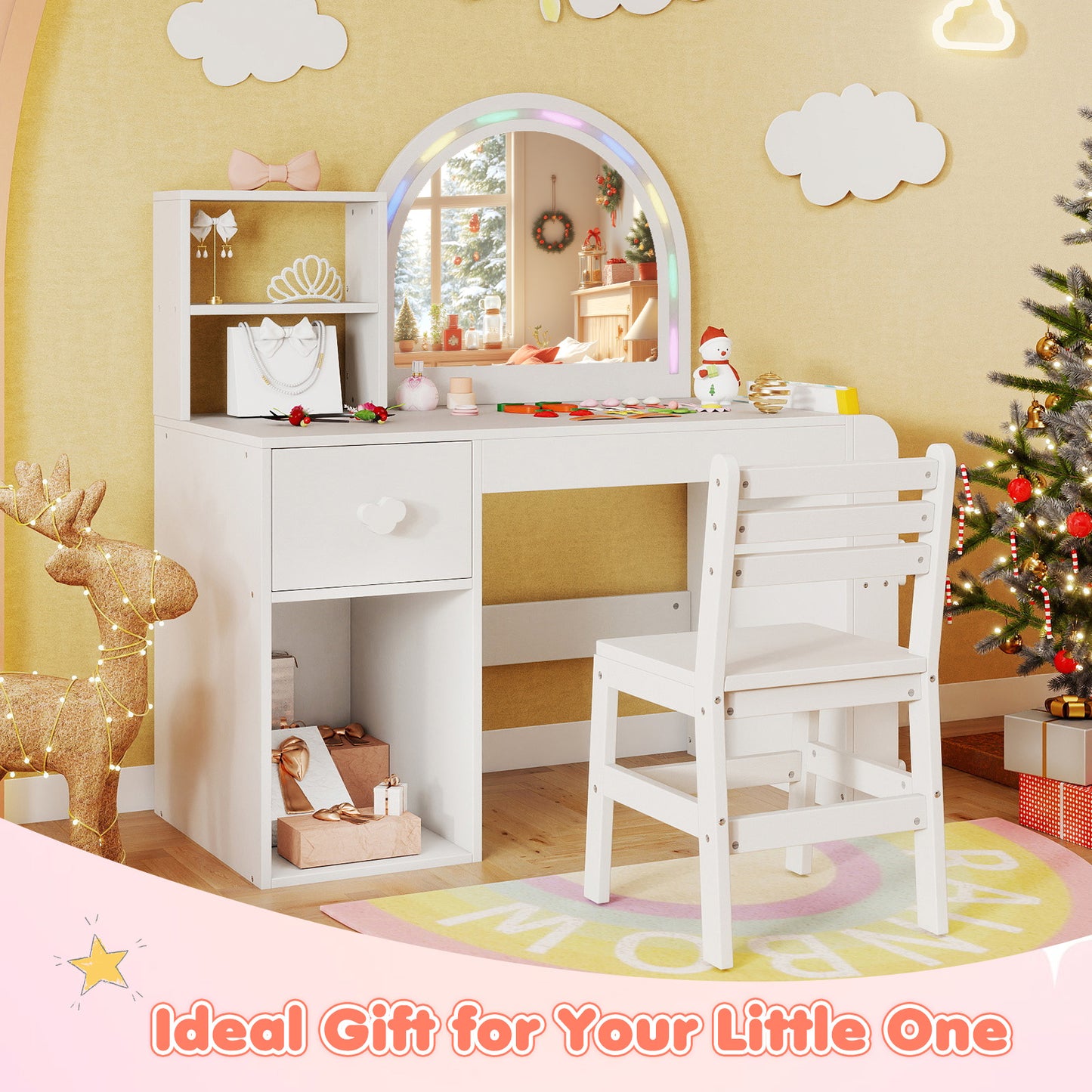 Kids Vanity Table and Chair Set with Lighted Mirror for Kids Aged 3+ Years Old, White Kids Vanities at Gallery Canada