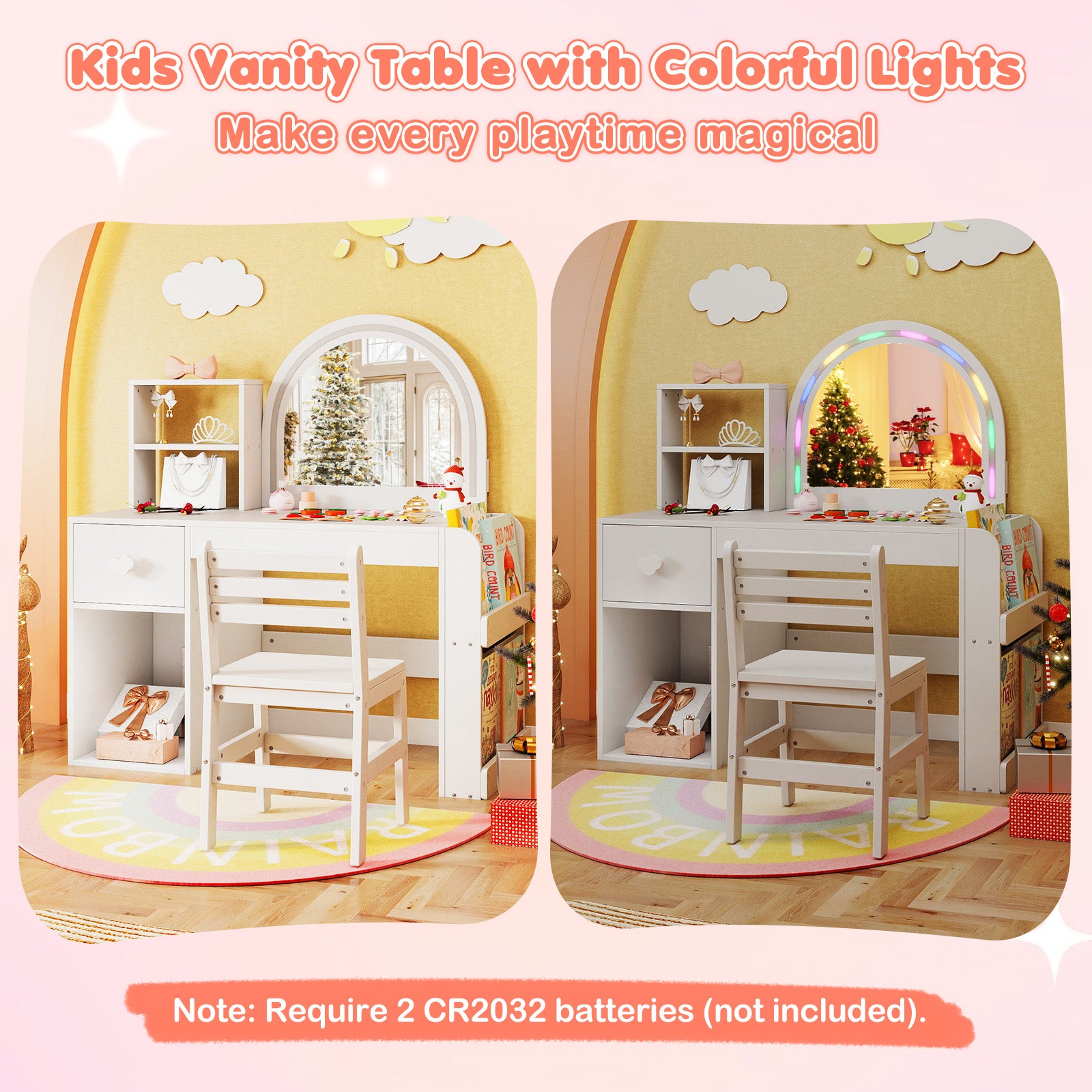 Kids Vanity Table and Chair Set with Lighted Mirror for Kids Aged 3+ Years Old, White Kids Vanities at Gallery Canada