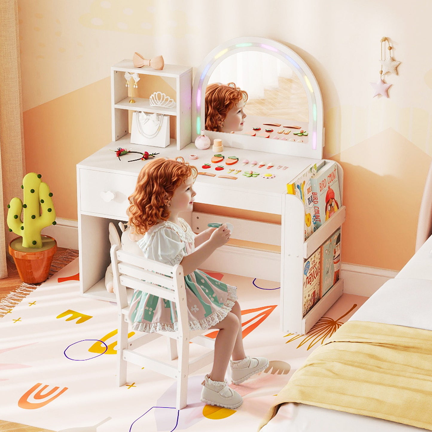 Kids Vanity Table and Chair Set with Lighted Mirror for Kids Aged 3+ Years Old, White Kids Vanities at Gallery Canada