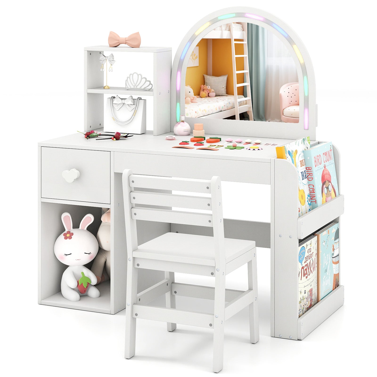 Kids Vanity Table and Chair Set with Lighted Mirror for Kids Aged 3+ Years Old, White Kids Vanities at Gallery Canada