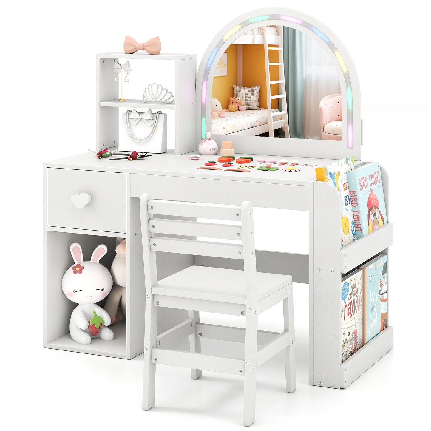 Kids Vanity Table and Chair Set with Lighted Mirror for Kids Aged 3+ Years Old, White Kids Vanities at Gallery Canada