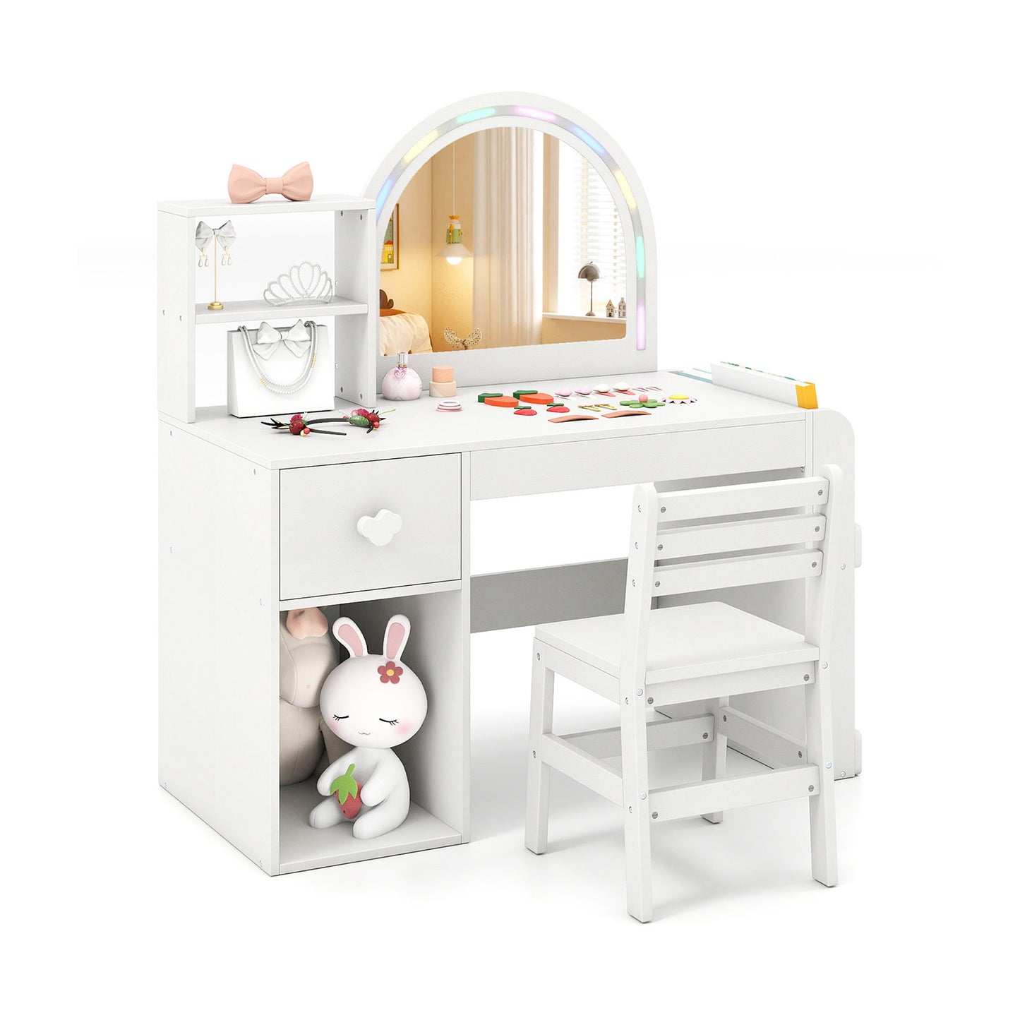 Kids Vanity Table and Chair Set with Lighted Mirror for Kids Aged 3+ Years Old, White Kids Vanities at Gallery Canada