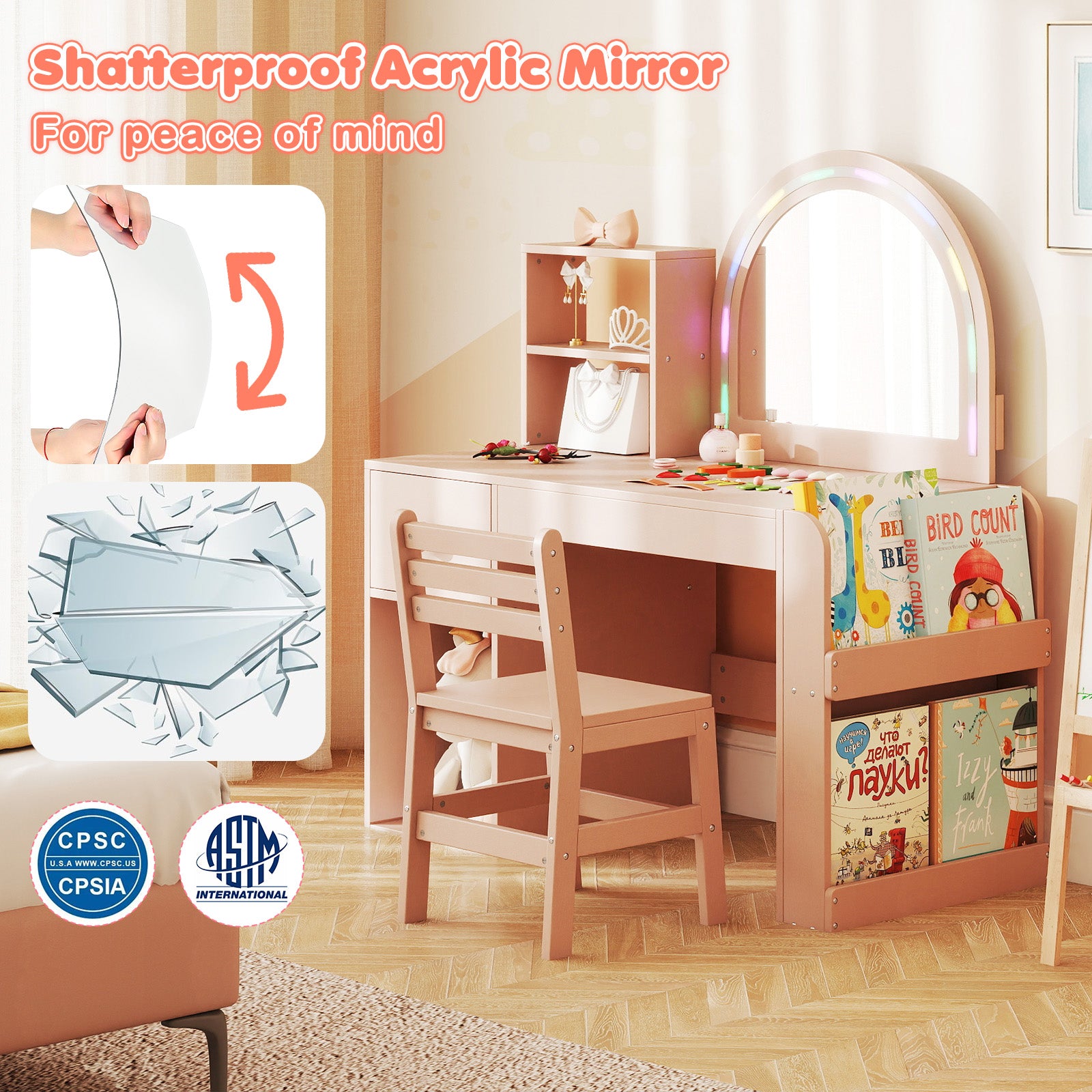 Kids Vanity Table And Chair Set With Lighted Mirror, Pink Kids Vanities at Gallery Canada