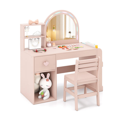 Kids Vanity Table And Chair Set With Lighted Mirror, Pink