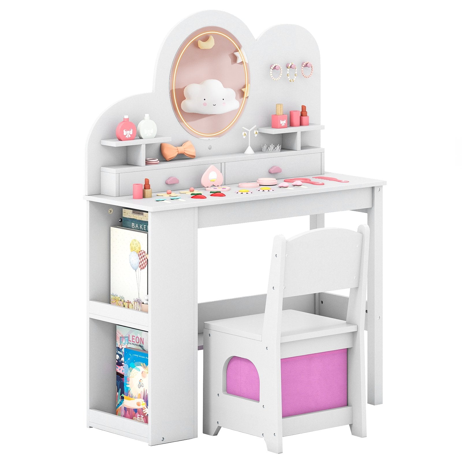 Kids Vanity with Lights Princess Vanity Table and Chair Set with 2 Drawers and 2-Tier Bookshelf, White Kids Vanities White at Gallery Canada