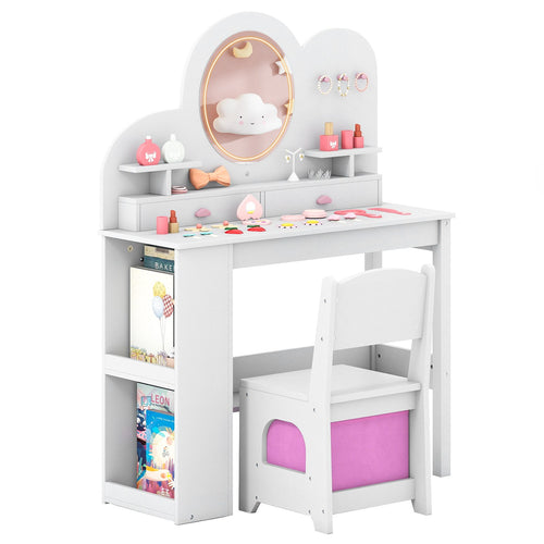 Kids Vanity with Lights Princess Vanity Table and Chair Set with 2 Drawers and 2-Tier Bookshelf, White
