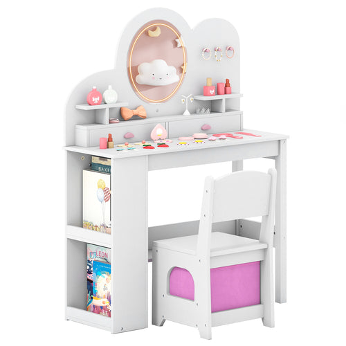 Kids Vanity Table And Chair Set, With Lights And Bookshelf, White