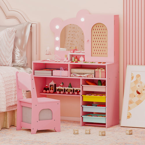 Kids Vanity with Lights and 5 Drawers for Kids Aged 3+ Years Old, Pink