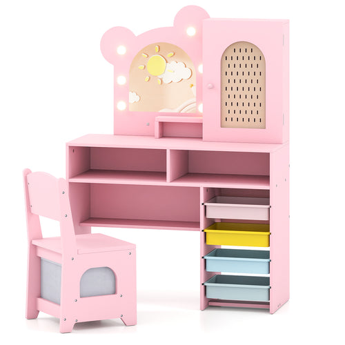 Kids Vanity with Lights and 5 Drawers for Kids Aged 3+ Years Old, Pink