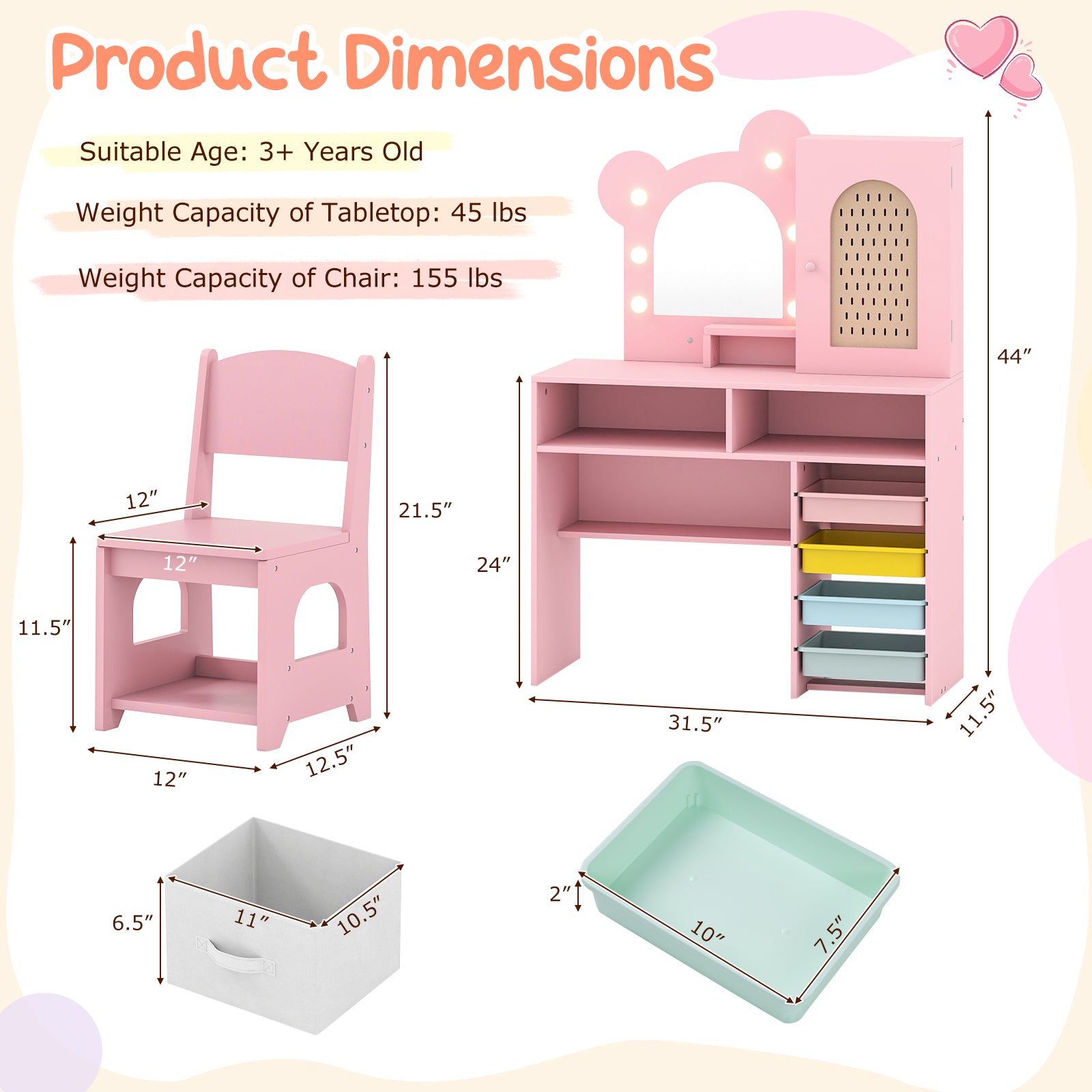 Kids Vanity with Lights and 5 Drawers for Kids Aged 3+ Years Old, Pink Kids Vanities at Gallery Canada