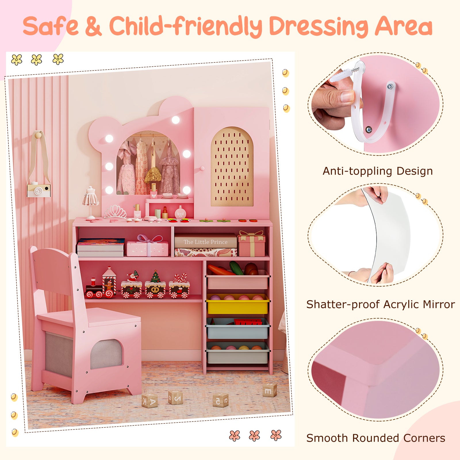 Kids Vanity with Lights and 5 Drawers for Kids Aged 3+ Years Old, Pink Kids Vanities at Gallery Canada