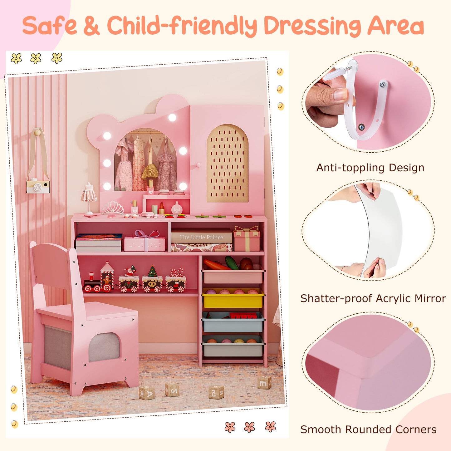 Kids Vanity with Lights and 5 Drawers for Kids Aged 3+ Years Old, Pink Kids Vanities at Gallery Canada