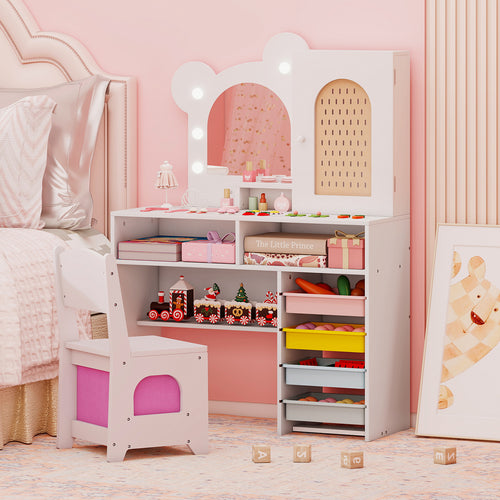 Kids Vanity with Lights and 5 Drawers for Kids Aged 3+ Years Old, White