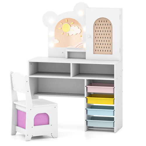 Kids Vanity with Lights and 5 Drawers for Kids Aged 3+ Years Old, White