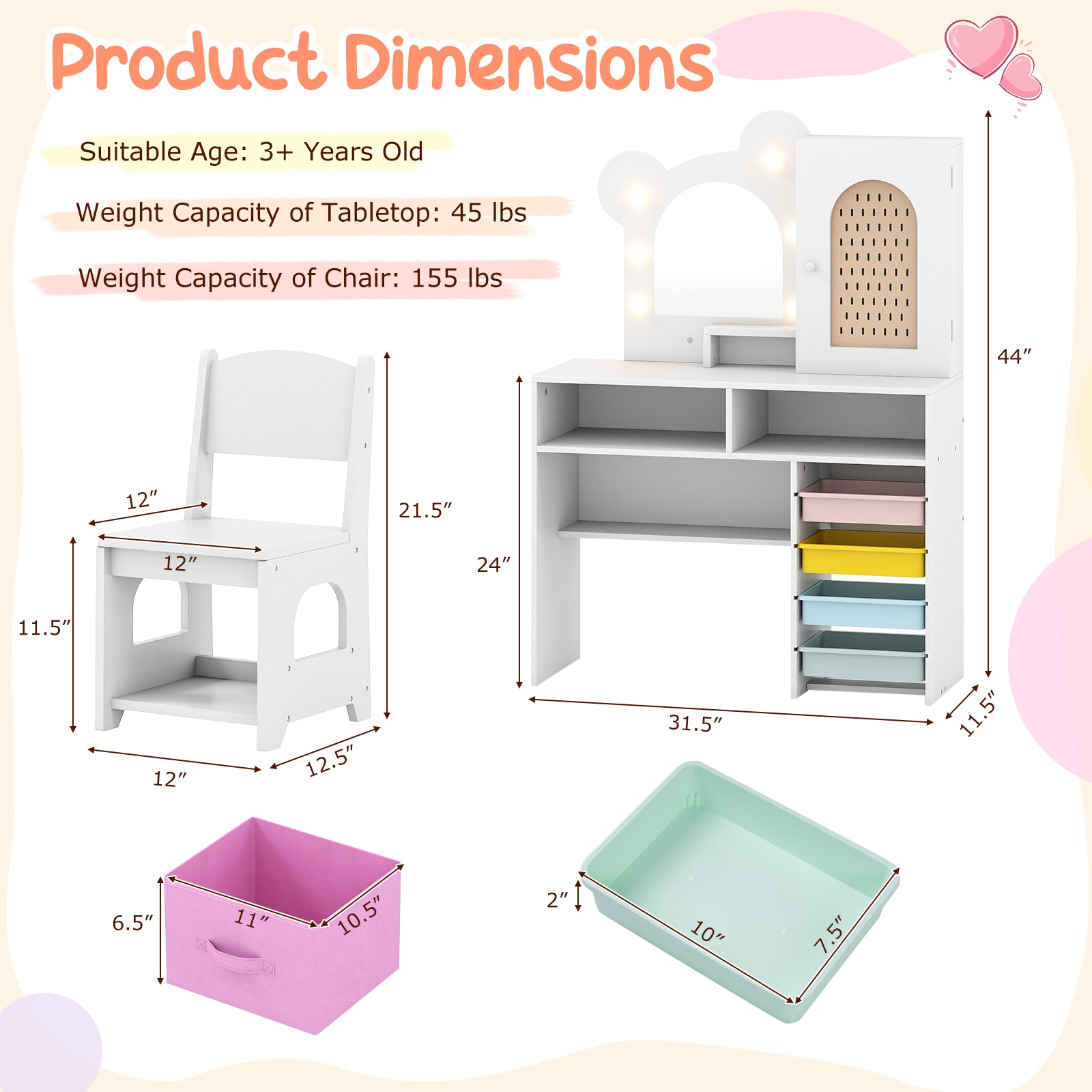 Kids Vanity with Lights and 5 Drawers for Kids Aged 3+ Years Old, White Kids Vanities at Gallery Canada