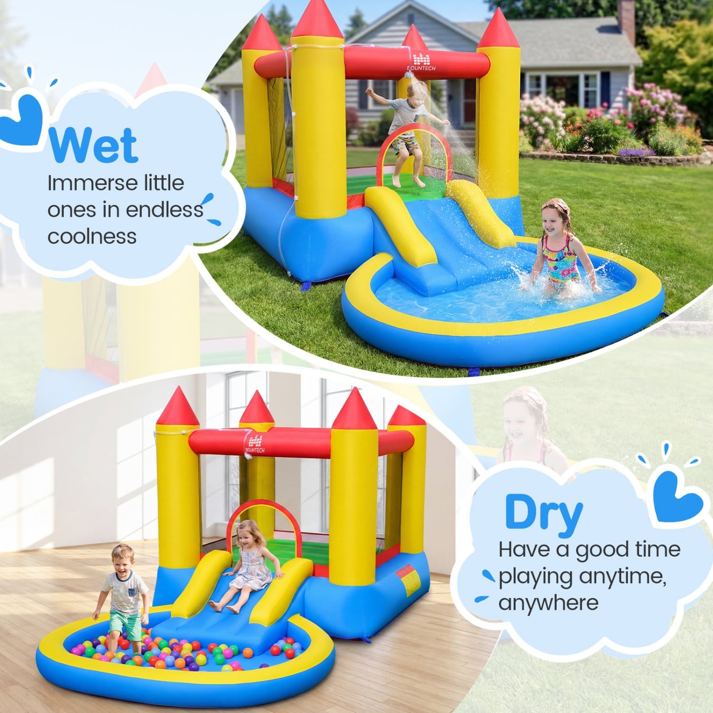 Kids Water Park Wet Dry Splash Pool, 380W Blower