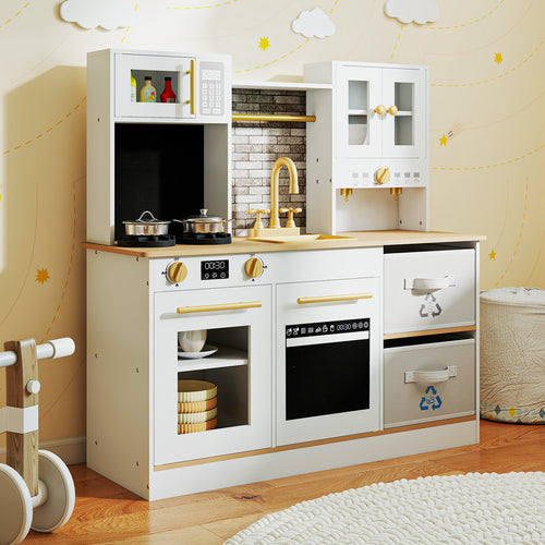 Kids Wooden Kitchen Playset with Stoves Sound Light for 3+ Years Old, White