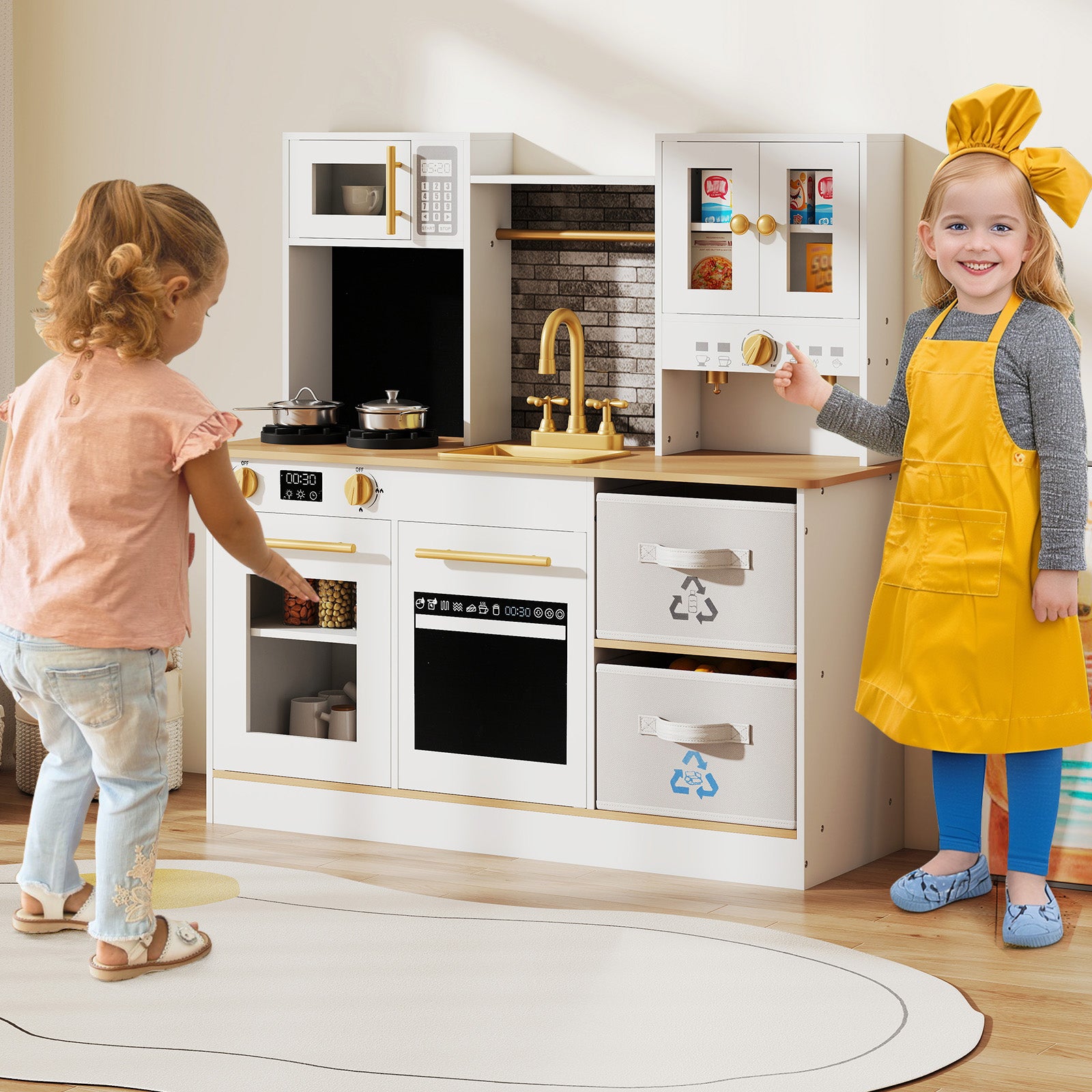 Kids Wooden Kitchen Playset with Stoves Sound Light for 3+ Years Old, White Play Kitchen Sets at Gallery Canada
