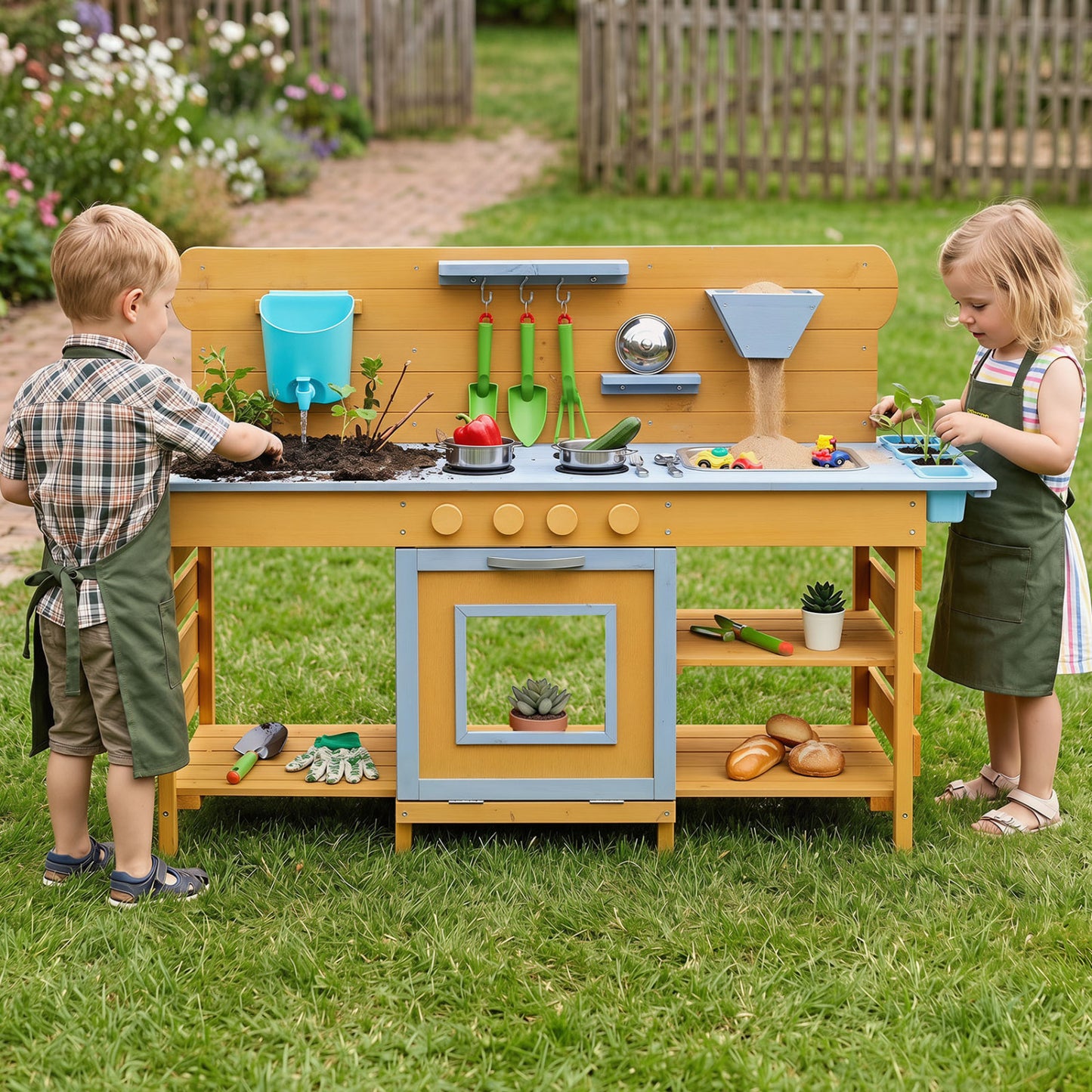 Kids Wooden Mud Kitchen with 2 Sinks and 4 Stoves, Natural Play Kitchen Sets at Gallery Canada
