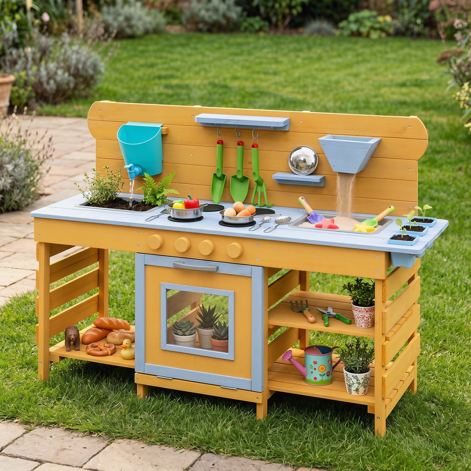 Kids Wooden Mud Kitchen with 2 Sinks and 4 Stoves, Natural Play Kitchen Sets at Gallery Canada