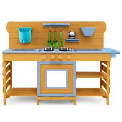 Kids Wooden Mud Kitchen with 2 Sinks and 4 Stoves, Natural Play Kitchen Sets Natural at Gallery Canada