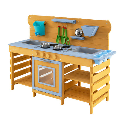 Kids Wooden Mud Kitchen with 2 Sinks and 4 Stoves, Natural Play Kitchen Sets at Gallery Canada