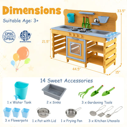 Kids Wooden Mud Kitchen with 2 Sinks and 4 Stoves, Natural Play Kitchen Sets at Gallery Canada