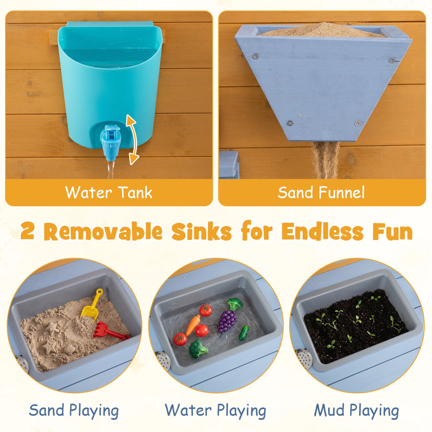 Kids Wooden Mud Kitchen with 2 Sinks and 4 Stoves, Natural Play Kitchen Sets at Gallery Canada
