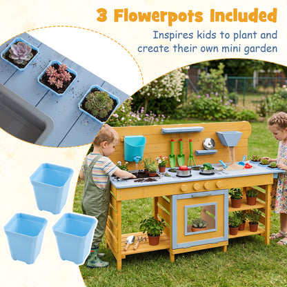 Kids Wooden Mud Kitchen with 2 Sinks and 4 Stoves, Natural Play Kitchen Sets at Gallery Canada