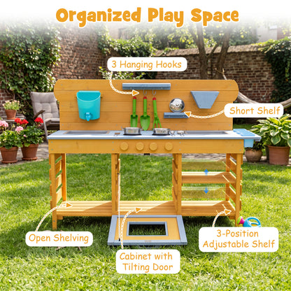 Kids Wooden Mud Kitchen with 2 Sinks and 4 Stoves, Natural Play Kitchen Sets at Gallery Canada