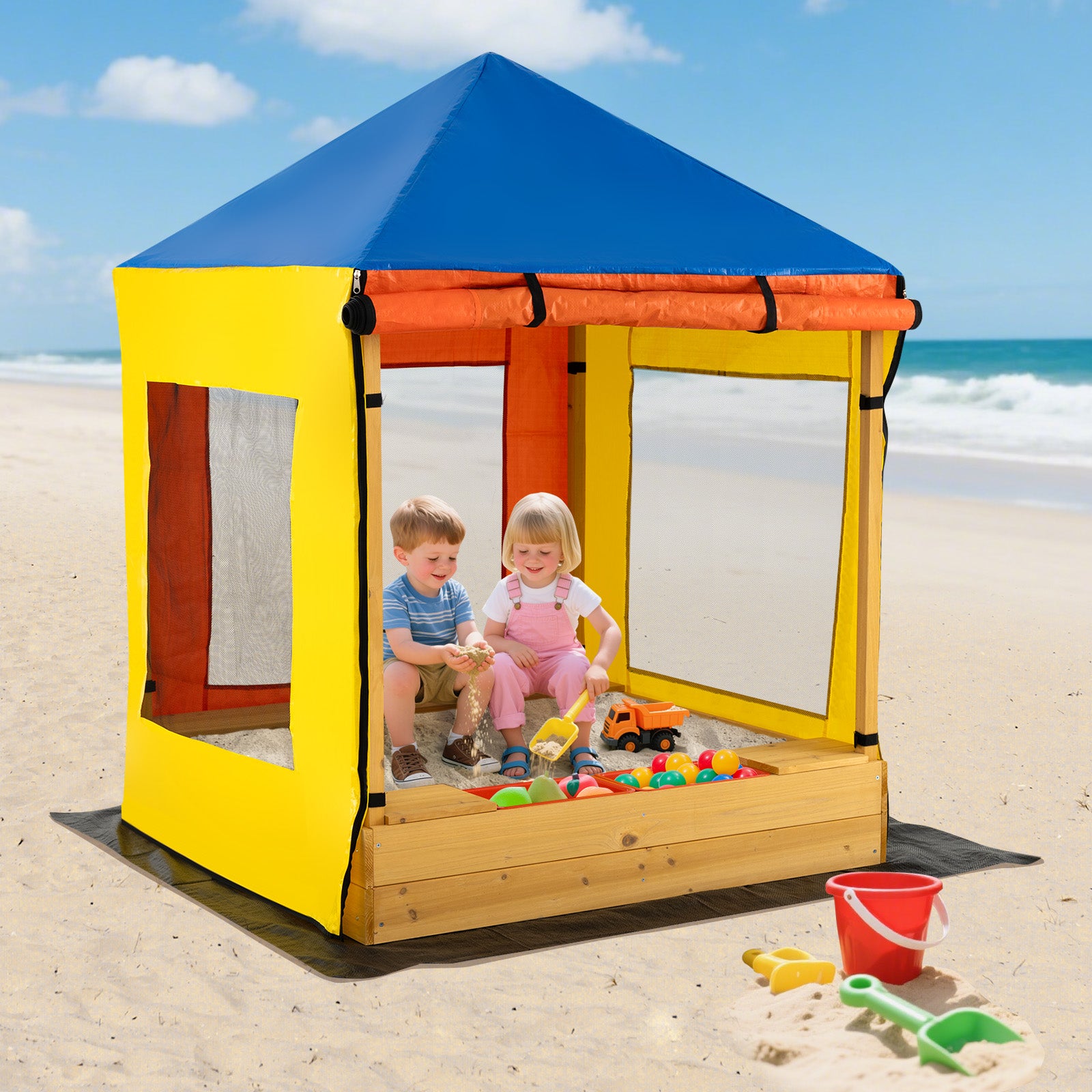 Kids Wooden Sandbox with Canopy Large Sand Pit with Mesh Windows and Bottom Liner, Multicolor Sandboxes at Gallery Canada
