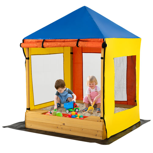 Kids Wooden Sandbox with Canopy Large Sand Pit with Mesh Windows and Bottom Liner, Multicolor