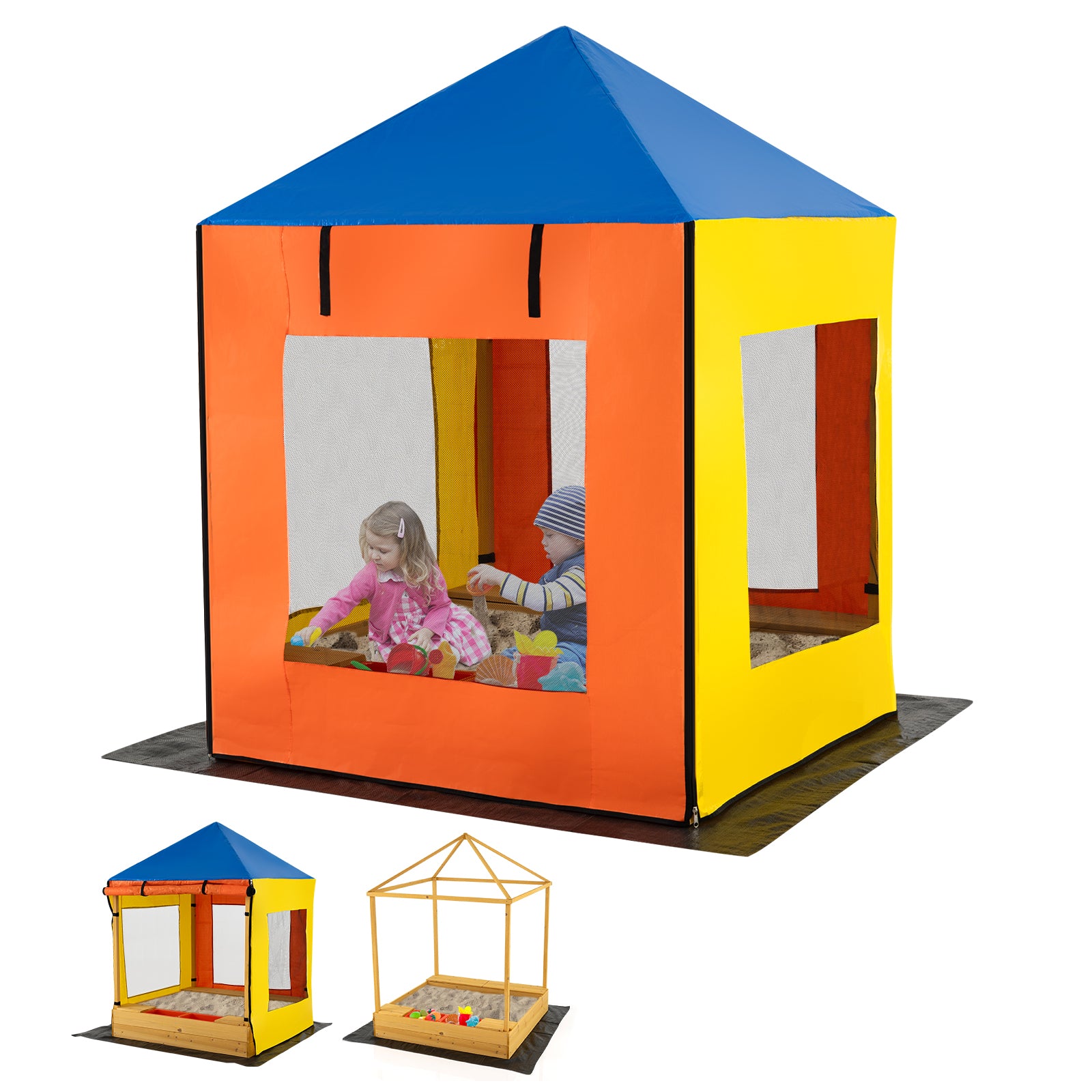 Kids Wooden Sandbox with Canopy Large Sand Pit with Mesh Windows and Bottom Liner, Multicolor Sandboxes at Gallery Canada