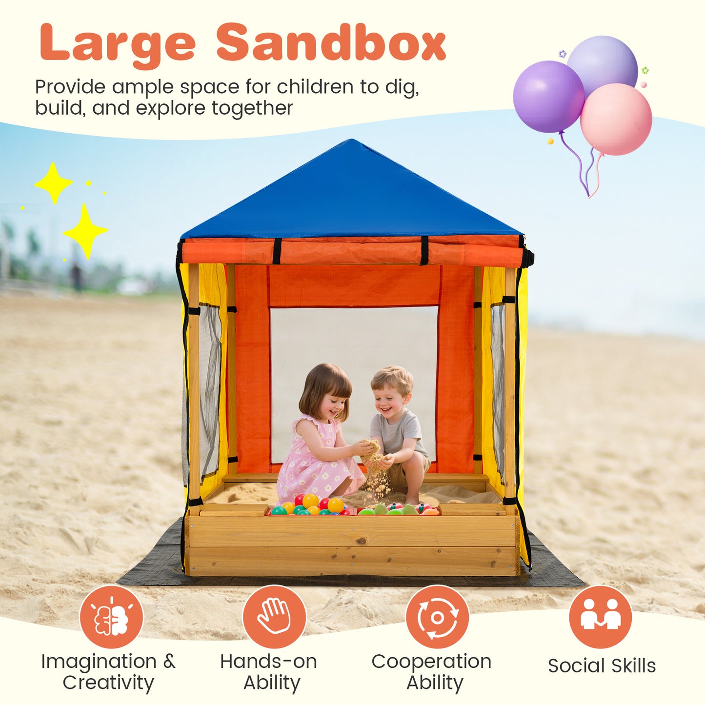 Kids Wooden Sandbox with Canopy Large Sand Pit with Mesh Windows and Bottom Liner, Multicolor Sandboxes at Gallery Canada