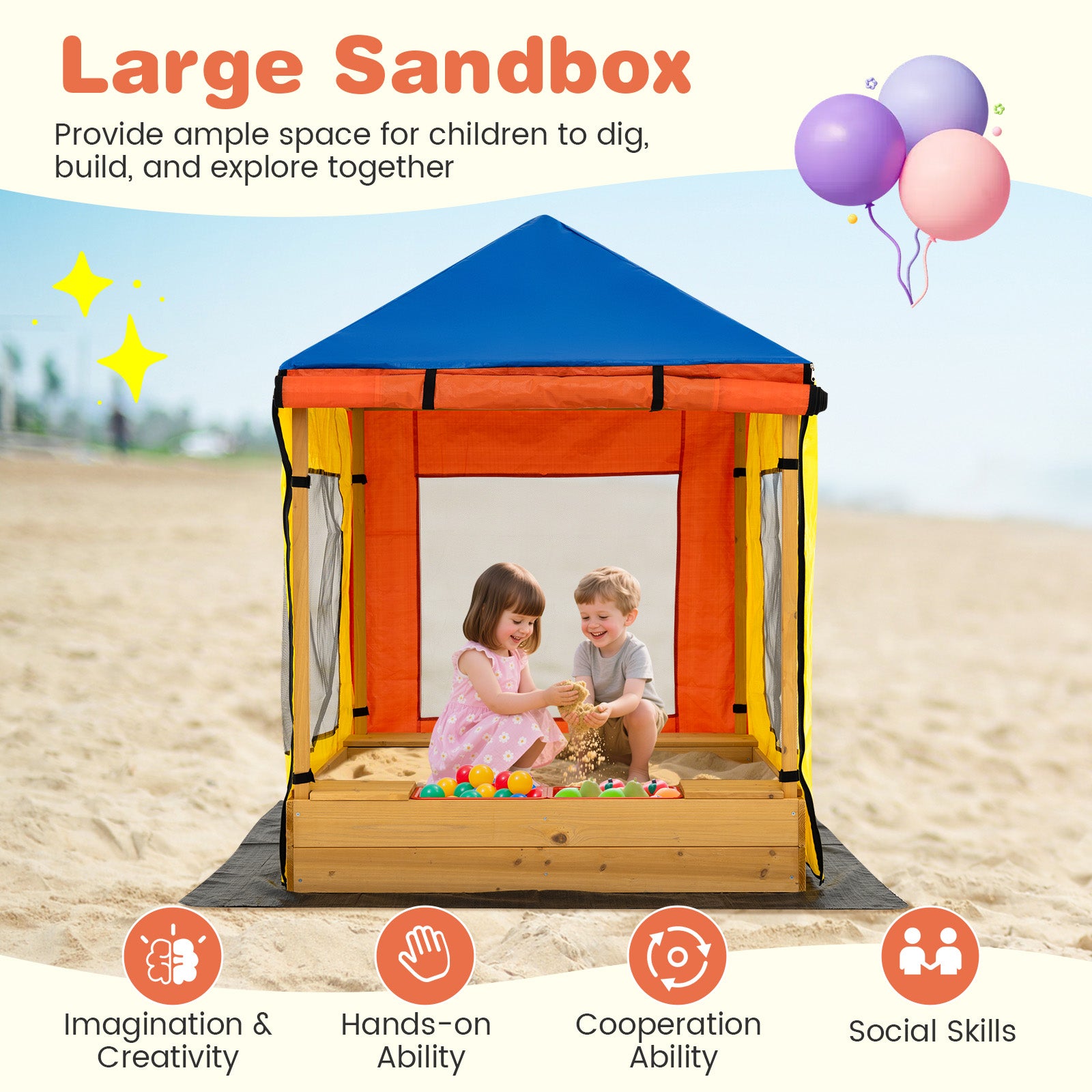 Kids Wooden Sandbox with Canopy Large Sand Pit with Mesh Windows and Bottom Liner, Multicolor Sandboxes at Gallery Canada