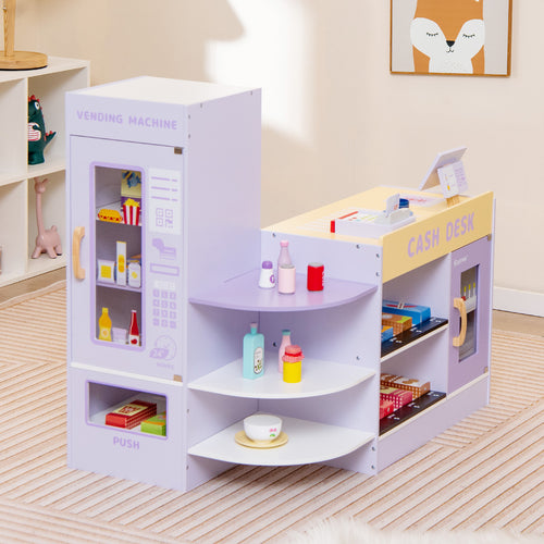 Kids Wooden Supermarket Play Set, Checkout Counter, Purple