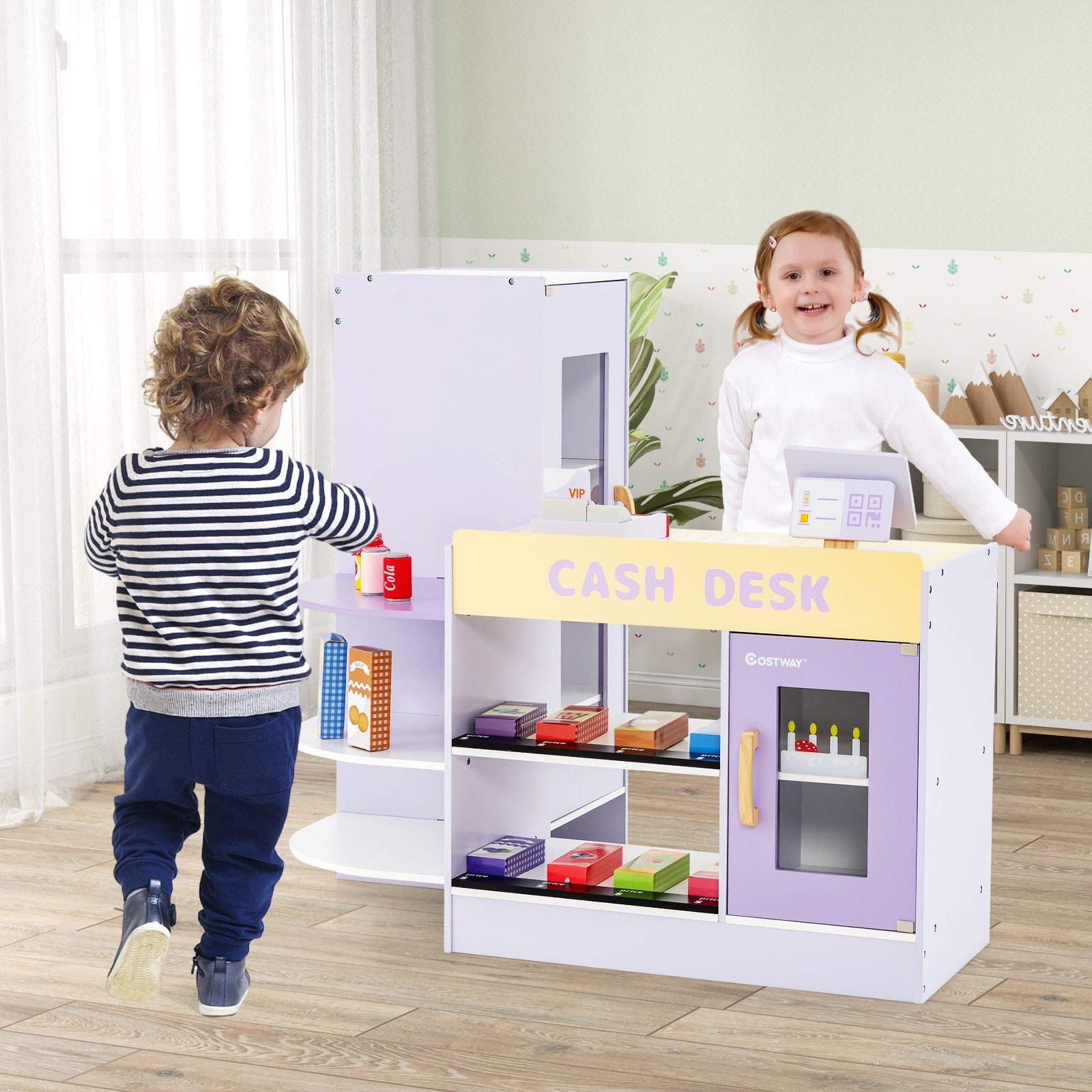 Kids Wooden Supermarket Play Toy Set with Checkout Counter, Purple Play Kitchen Sets at Gallery Canada