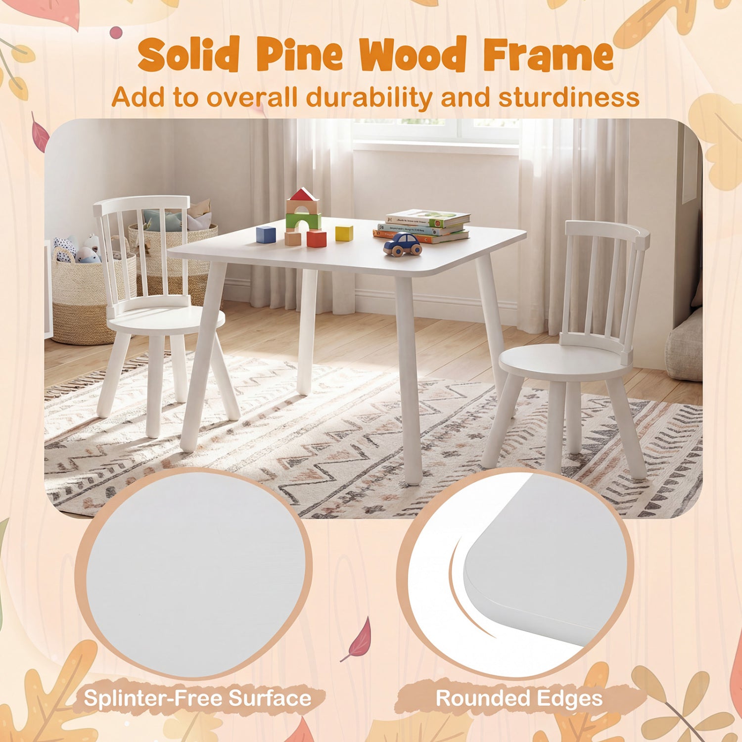 Kids Wooden Table and Chairs Set 3-Piece Toddler Furniture with Pine Wood Frame, White Kids Table & Chair Sets at Gallery Canada