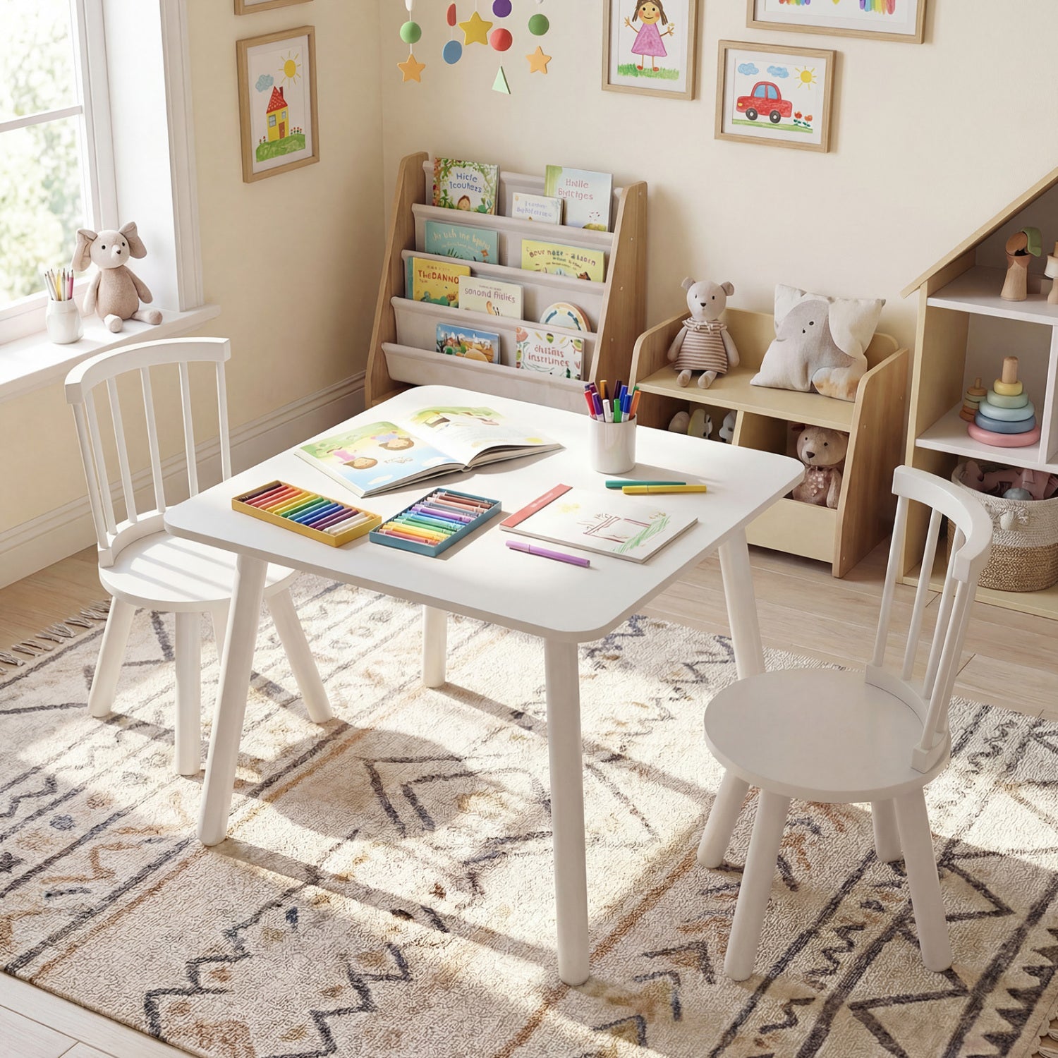 Kids Wooden Table and Chairs Set 3-Piece Toddler Furniture with Pine Wood Frame, White Kids Table & Chair Sets at Gallery Canada