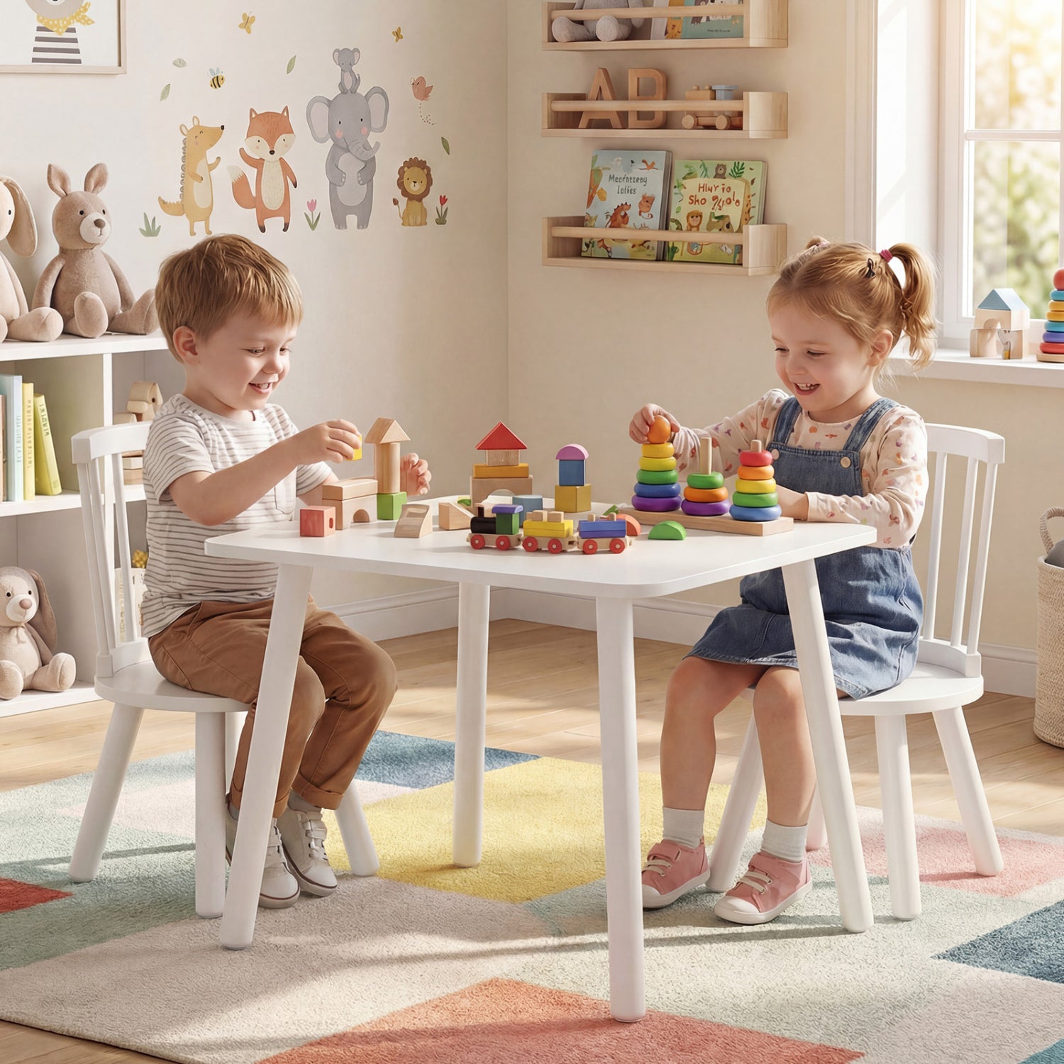 Kids Wooden Table and Chairs Set 3-Piece Toddler Furniture with Pine Wood Frame, White Kids Table & Chair Sets at Gallery Canada
