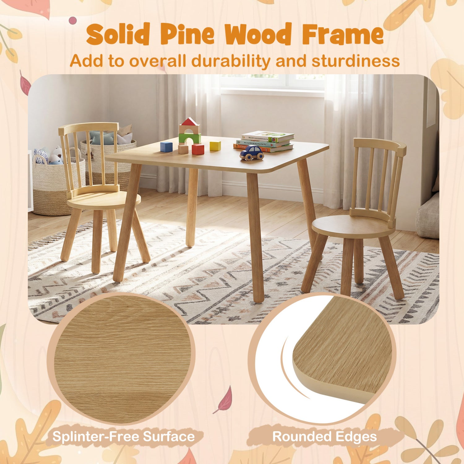 Kids Wooden Table and Chairs Set 3-Piece Toddler Furniture with Pine Wood Frame, Natural Kids Table & Chair Sets at Gallery Canada
