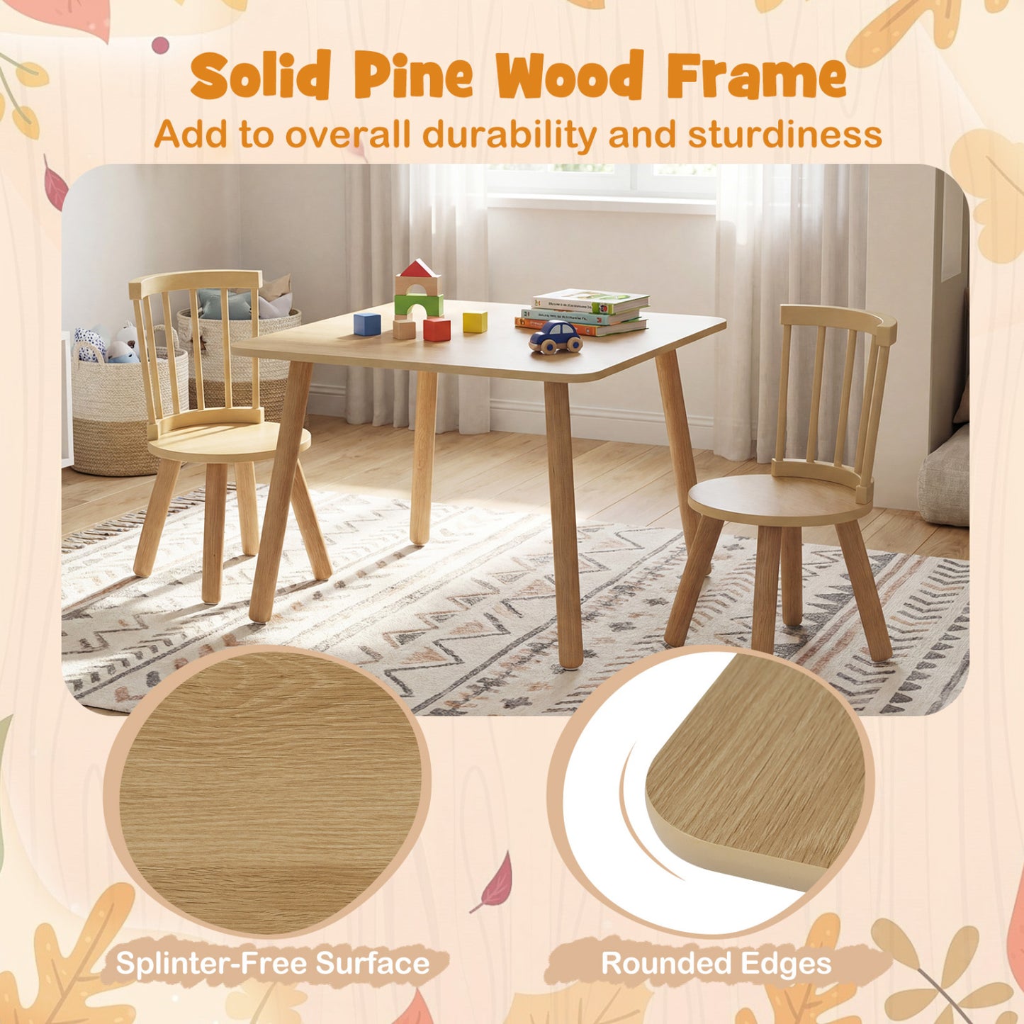 Kids Wooden Table and Chairs Set 3-Piece Toddler Furniture with Pine Wood Frame, Natural Kids Table & Chair Sets at Gallery Canada