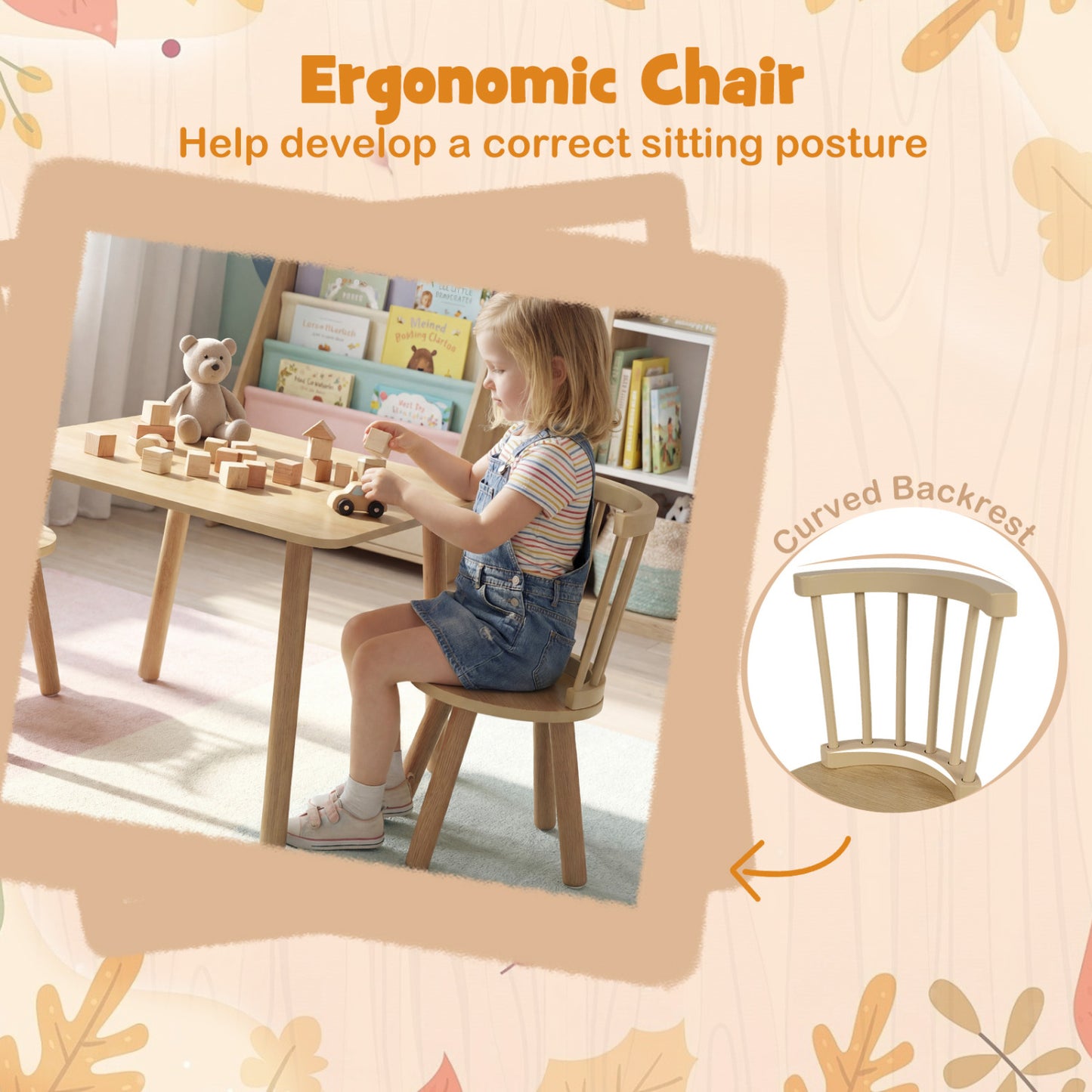 Kids Wooden Table and Chairs Set 3-Piece Toddler Furniture with Pine Wood Frame, Natural Kids Table & Chair Sets at Gallery Canada